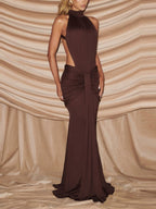 Turtleneck Gathering Hollow Backless Temperament Banquet Maxi Dresses
