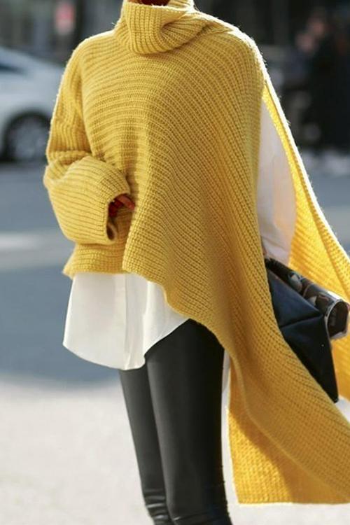 Turtleneck Asymmetric Slit Sleeve Ribbed Knit Sweater