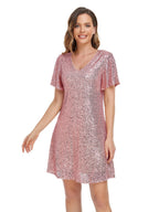 V-neck Fine Flash A Pendulum Mini&Short Dresses