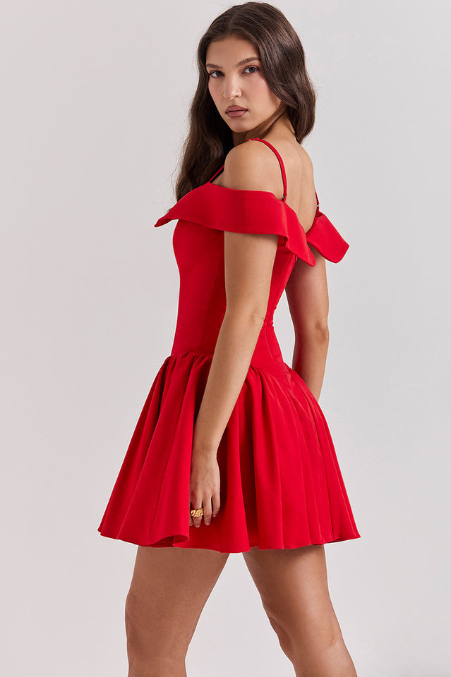 Off Shoulder Foldover Collar Spaghetti Strap Pleated Fit and Flare Mini Dress