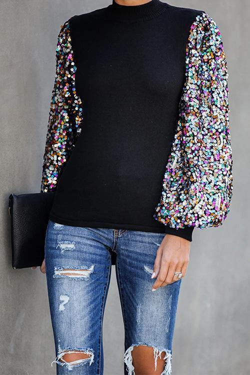 Creneck Sequin Lantern Sleeve Knitting Blouses
