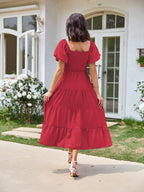 Square Neck, Backless, Puff Sleeve, Pleated Short-sleeved Long Dress