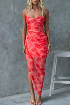Twist Front Side Slit Mesh Overlay Printed Maxi Cami Dress