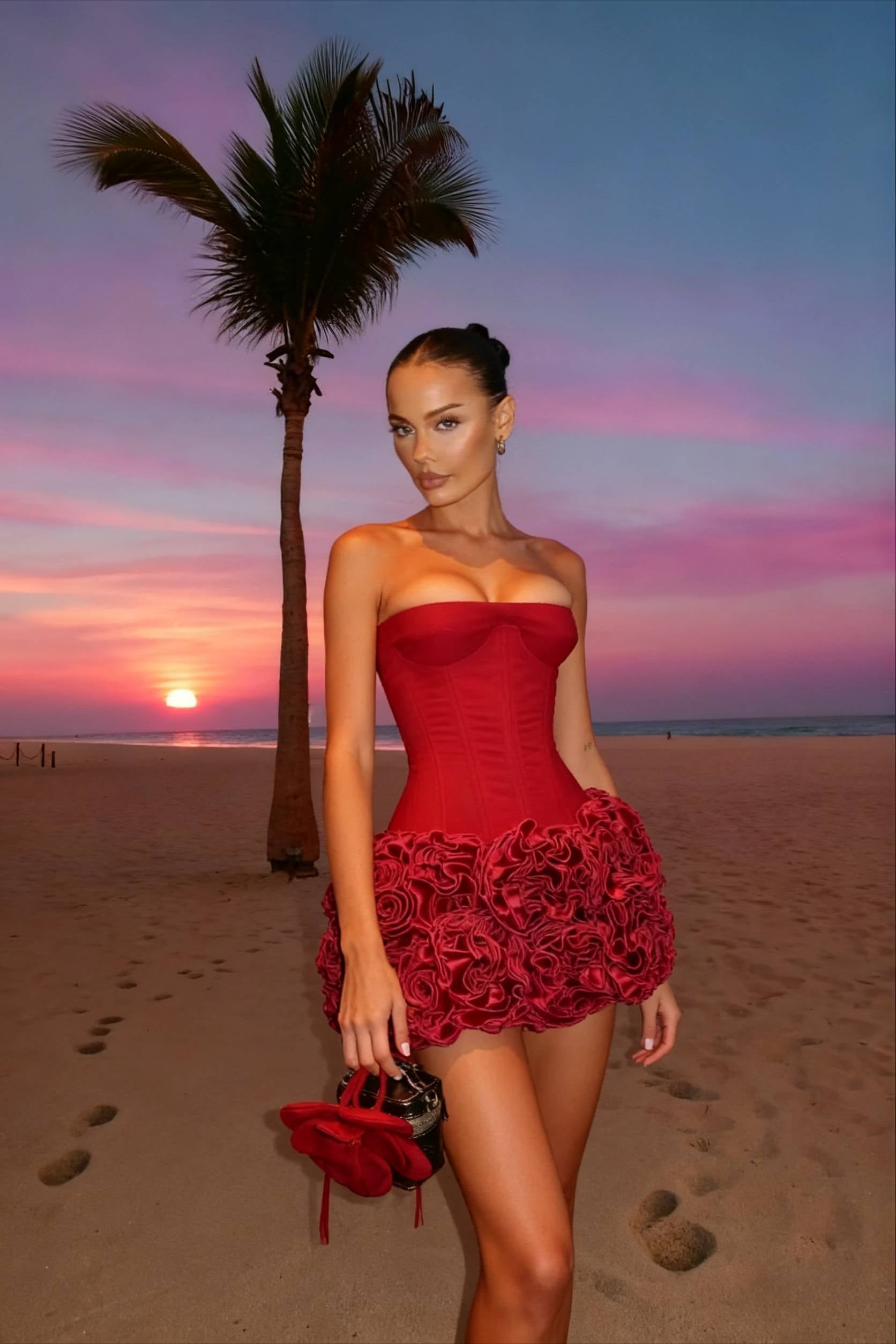 Strapless Corset Rosette Applique Structured Mini Dress