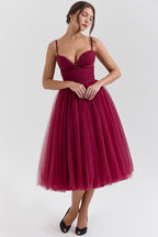 Ruched Sweetheart Pleated Bodice Tulle Layered Skirt Spaghetti Strap Midi Dress