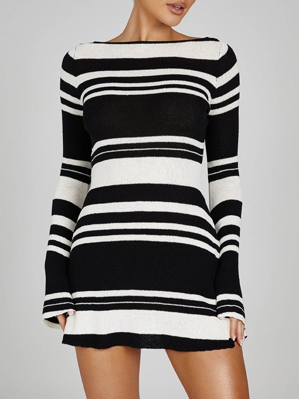 Stripe Splice Backless Knit Mini Dress