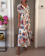 Colorful floral print pleated dress