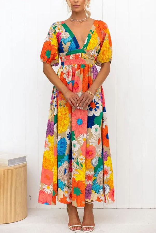 Floral Print Deep V-Neck Puff Sleeve High Waist A-Line Maxi Dress