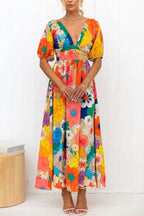 Floral Print Deep V-Neck Puff Sleeve High Waist A-Line Maxi Dress