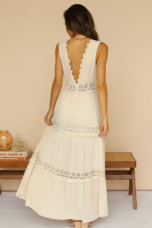 Lace Deep V-Neck Tiered Crochet Waist Boho Summer Maxi Dress
