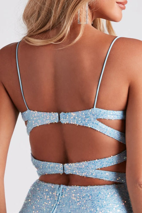 Blue Backless Sequin Bodycon Mini Dress