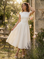 Boat Neck White Swing Dress For Women - Minimalist Elegant Open Back Midi Dress - Summer Date Night Outfits 2026