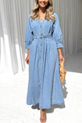 Sara Effortless Casual Denim Maxi Dress with Button Placket and Waist Premium Wardrobe Essential