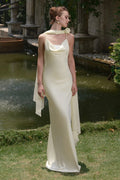 Satin Spaghetti Strap Cowl Neck Rose Scarf Drape Column Maxi Gown