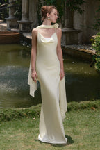 Satin Spaghetti Strap Cowl Neck Rose Scarf Drape Column Maxi Gown