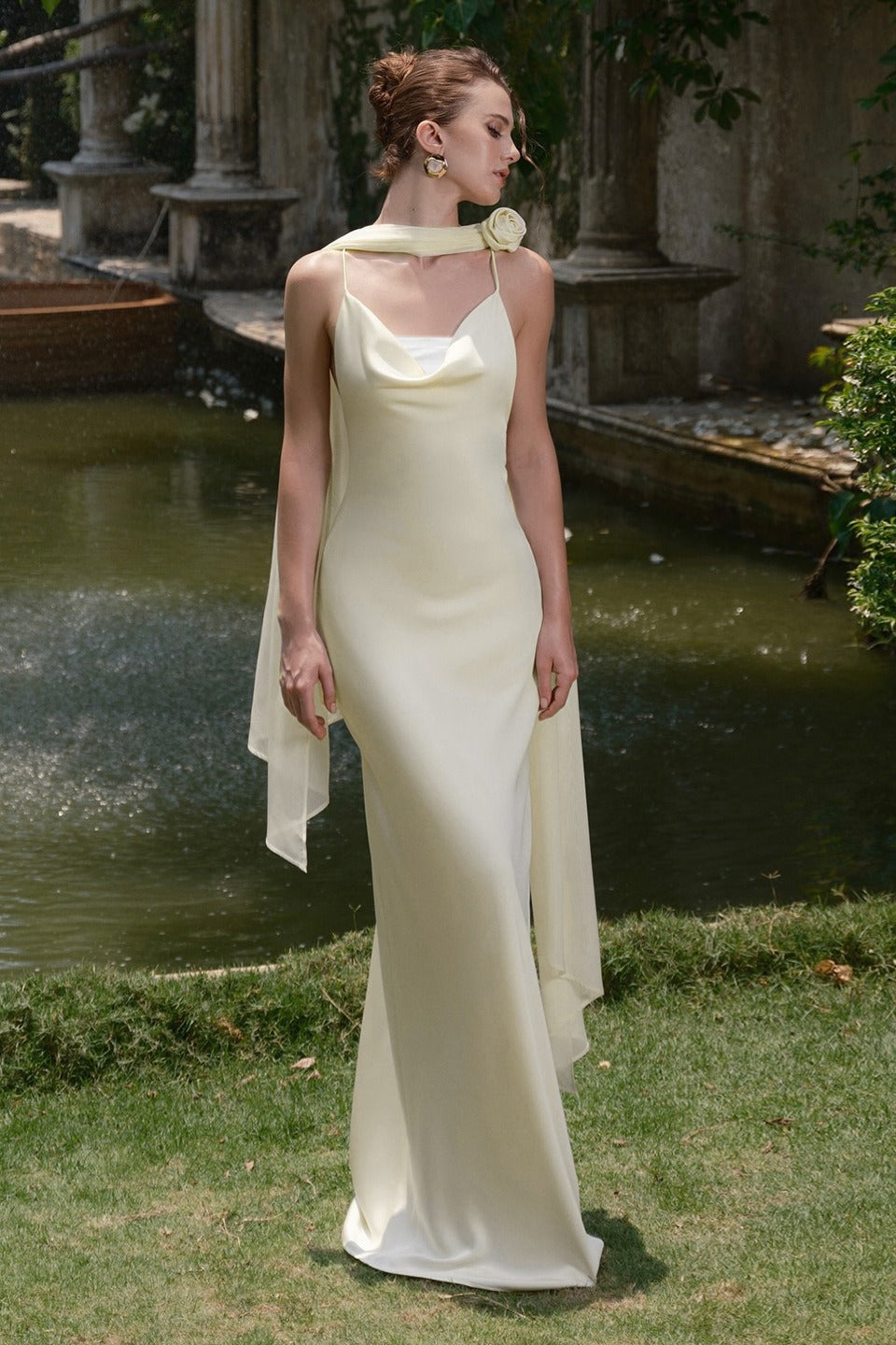 Satin Spaghetti Strap Cowl Neck Rose Scarf Drape Column Maxi Gown