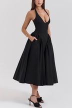Lilly Timeless Solid a Line Halter Midi Dresses with Deep V Neck Boutique Dress Collection