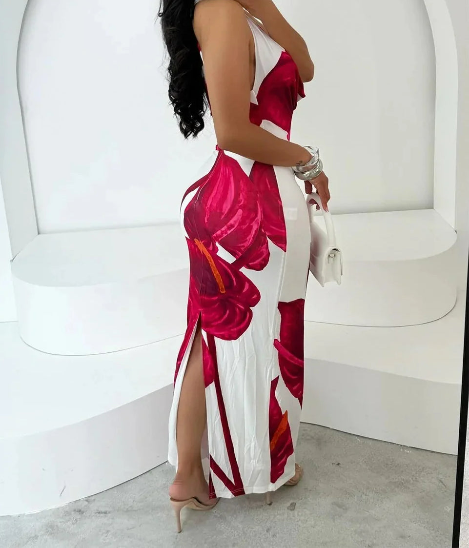 Halter Neck Deep V Neck Floral Print Bodycon Maxi Dress