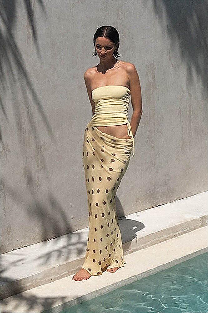 Polka Dot Strapless Ruched Drawstring Top Asymmetric Waist Maxi Skirt Two Piece Set
