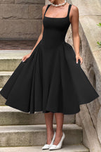 Square Neck Wide Strap Pleated Fit and Flare Midi Dress