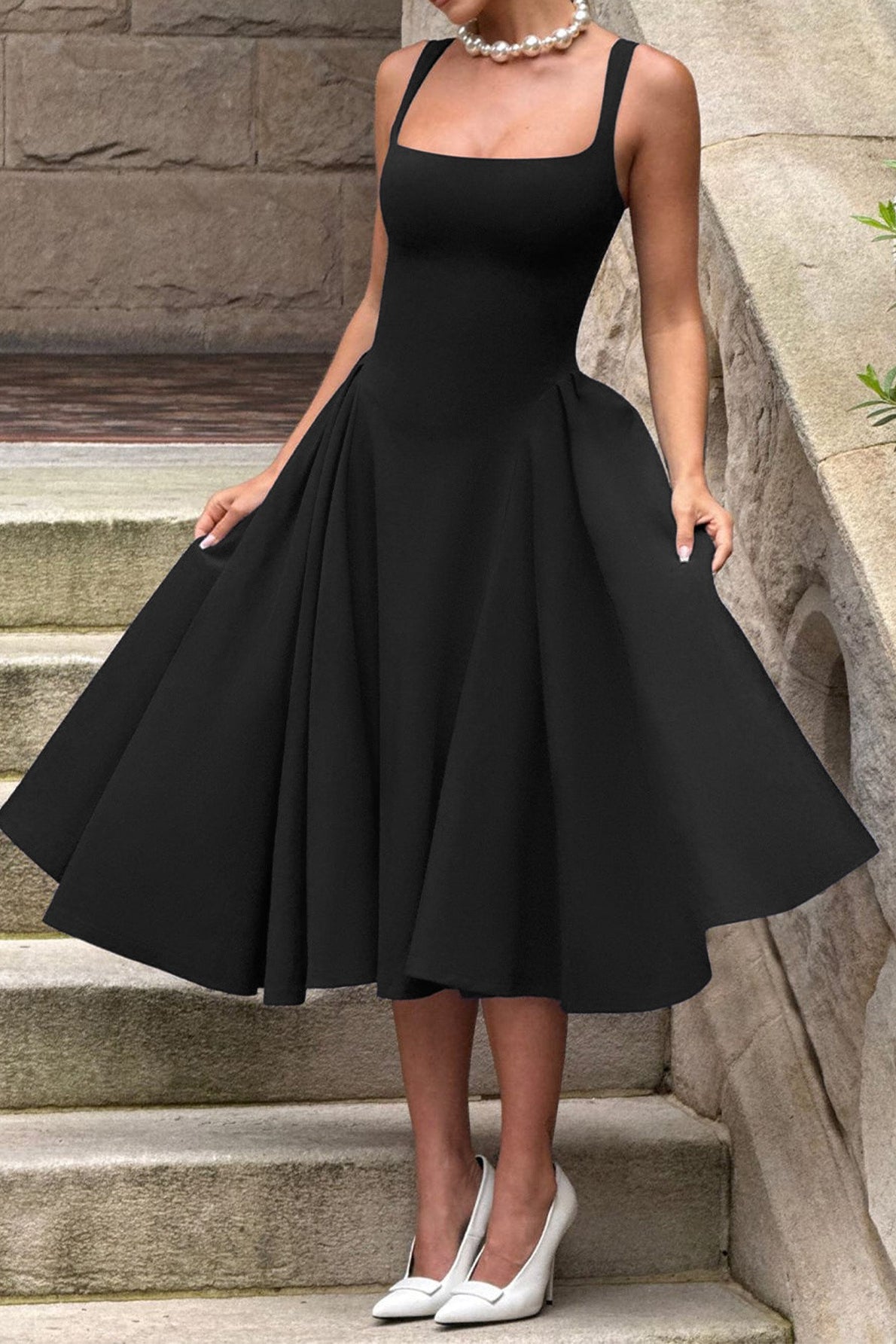 Square Neck Wide Strap Pleated Fit and Flare Midi Dress