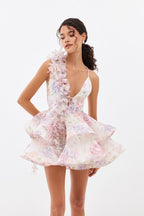 Deep V Neck Asymmetric Ruffle Tiered Oversized Floral Print Mini Dress