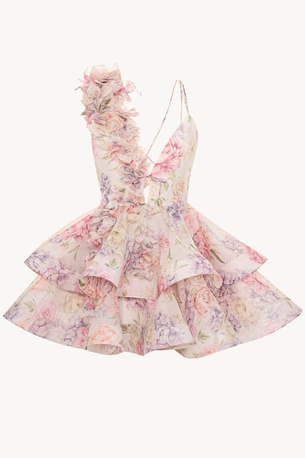 Deep V Neck Asymmetric Ruffle Tiered Oversized Floral Print Mini Dress