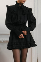 Elegant Bow Tie Lace Up Long Sleeve A Line Mini Dress