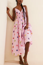 Lovely Summer Unique Color-Block Fruit Stripe Print Smocked Waist Maxi Dress