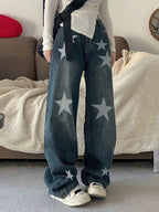 Washed Distressed Star Print Boyfriend Jeans
