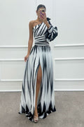 Roma Minimalist One Shoulder Dress with Rose Detail and Patterned Design Statement Occasion Edit