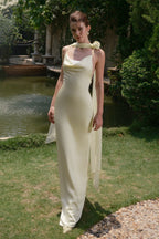 Satin Spaghetti Strap Cowl Neck Rose Scarf Drape Column Maxi Gown