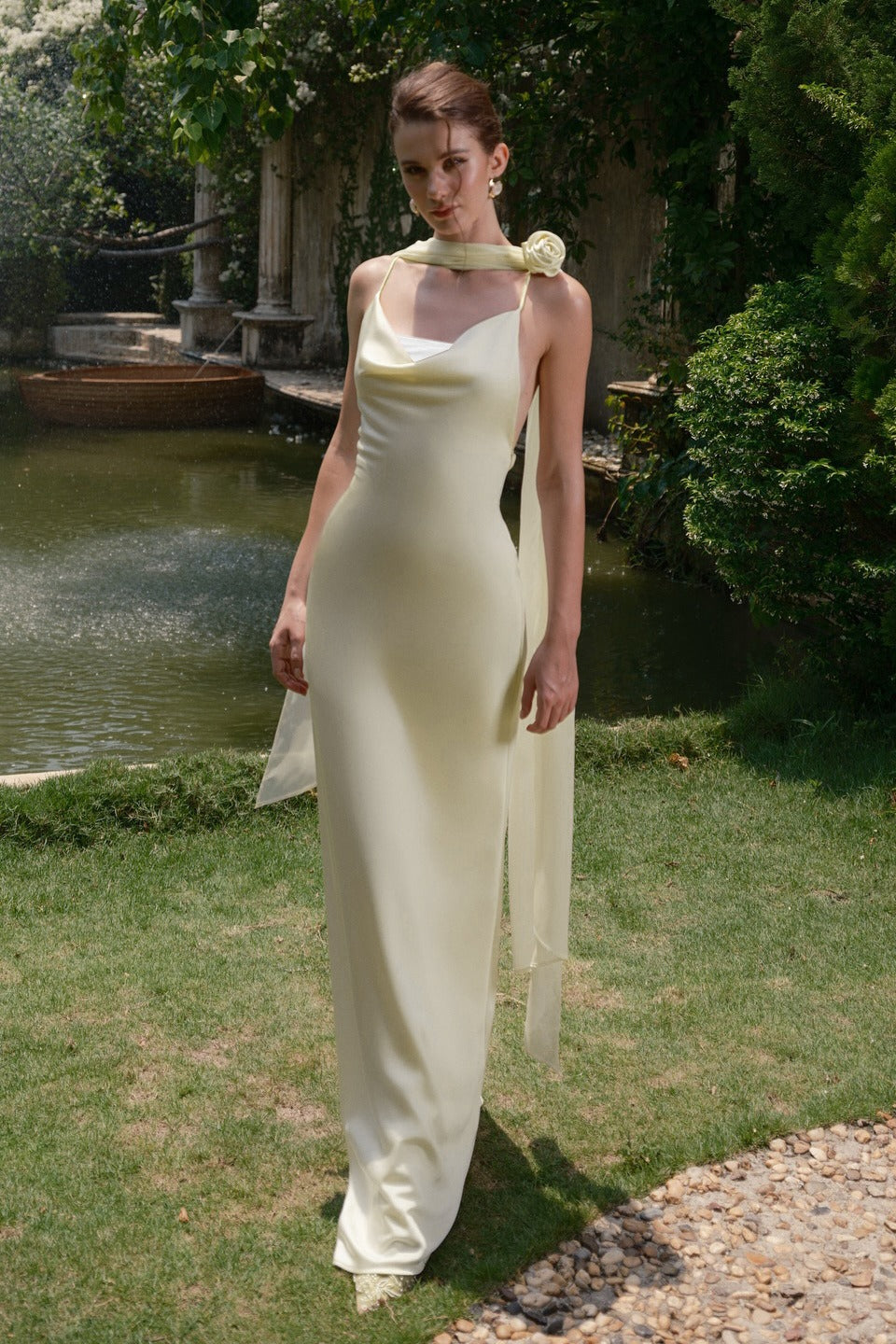 Satin Spaghetti Strap Cowl Neck Rose Scarf Drape Column Maxi Gown