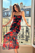 Floral Spaghetti Strap Square Neck Sheer Hem Bodycon Maxi Dress