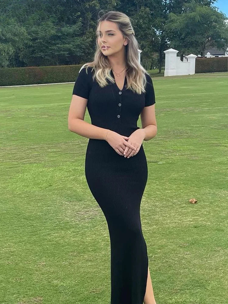 Ribbed Knit Polo Collar Button Placket Side Slit Maxi Dress