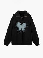 Butterfly Print Half Zipper Lapel Neck Sweatshirt