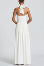 Halter Deep V Neck Seashell Hardware Ruched High Slit Maxi Dress