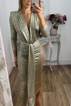 Metallic Ruched Knot Front Deep V-Neck Three Quarter Sleeve Midi Dress