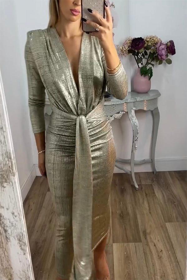 Metallic Ruched Knot Front Deep V-Neck Three Quarter Sleeve Midi Dress