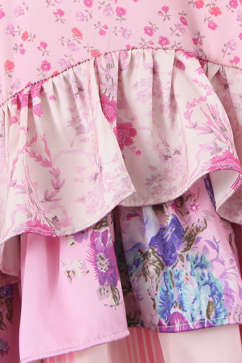 Patchwork Floral Long Sleeve Lace Trim Tiered Ruffle Mini Dress