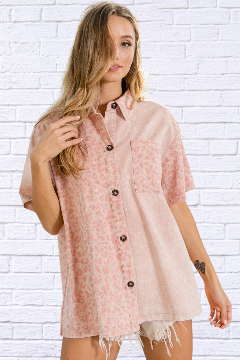Unleash Your Wild Side _ Dusty Pink Mineral Washed Leopard Print Shirt