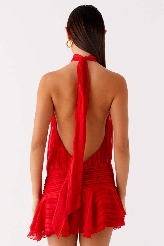 Halter Neck Pleated Collar Drop Waist Ruffle Flounce Mini Dress