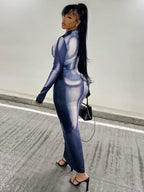 Body Print Mock Neck Long Sleeve Bodycon Maxi Dress