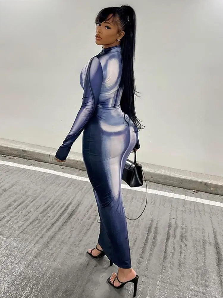 Body Print Mock Neck Long Sleeve Bodycon Maxi Dress