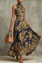 Vintage Gold Embroidered Long Dress
