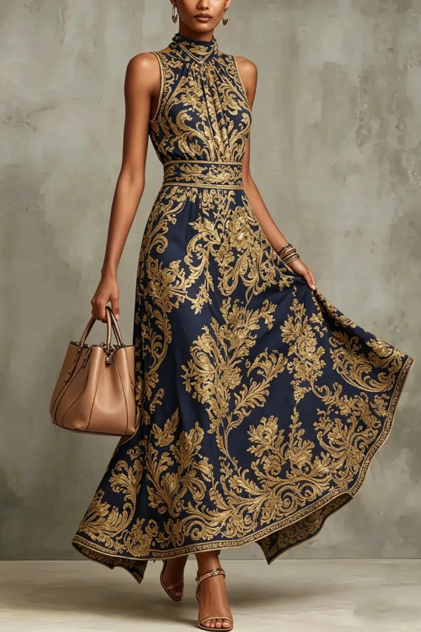 Vintage Gold Embroidered Long Dress