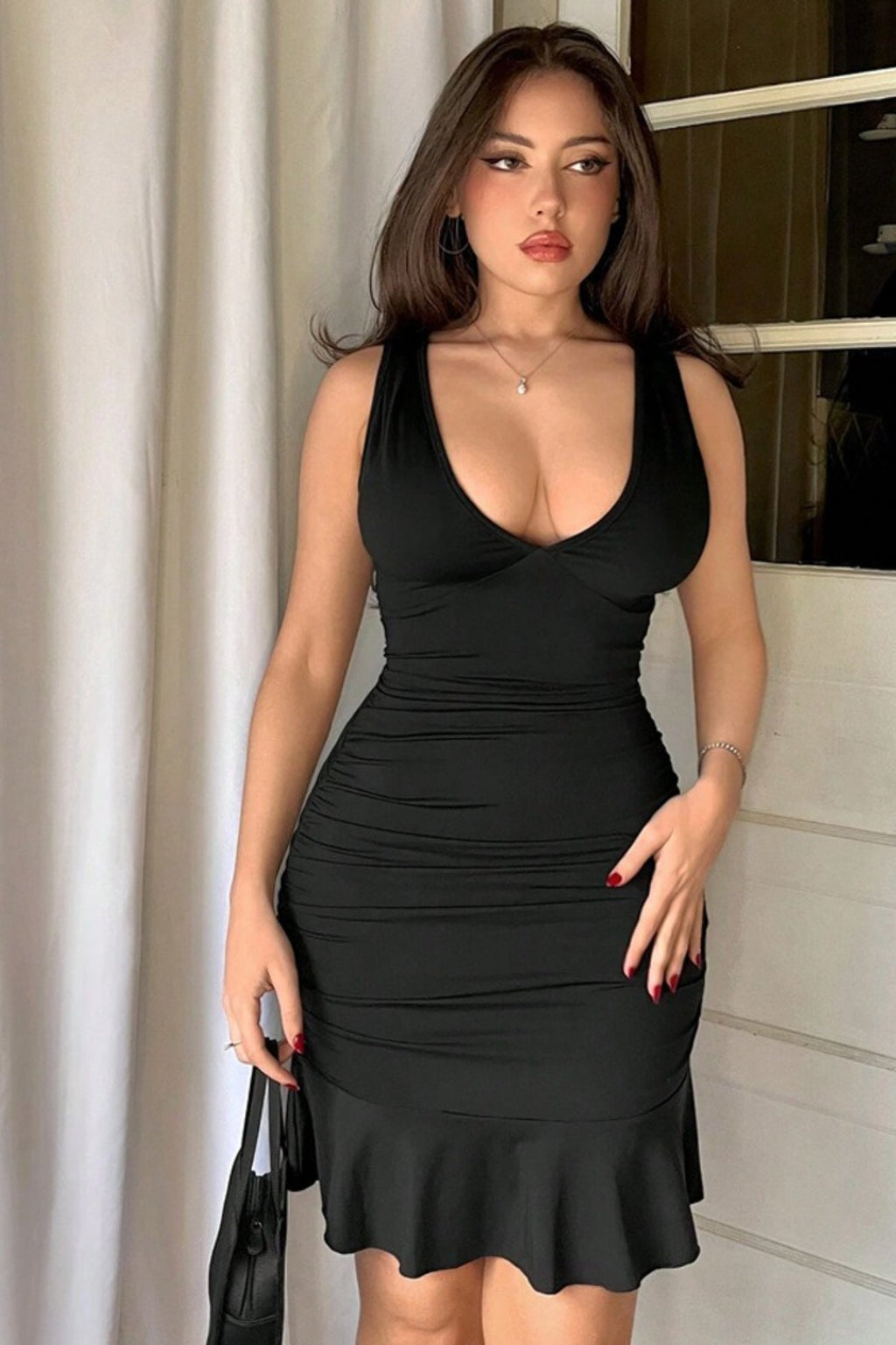 Deep V-Neck Wide Strap Ruched Ruffle Flounce Hem Bodycon Mini Dress