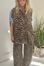 Comfortable Leopard Stripes Colorblock Print Oversized Shirt and Elastic Waist Pocket Loose Pants Set