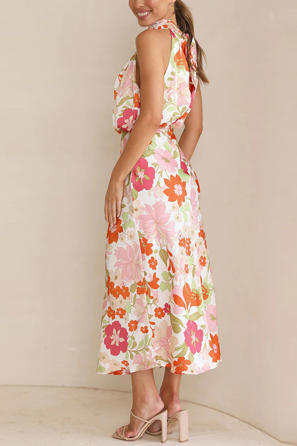 Cowl Neck Sleeveless Floral Print Satin Bias Cut Midi Dress