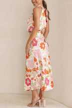 Cowl Neck Sleeveless Floral Print Satin Bias Cut Midi Dress